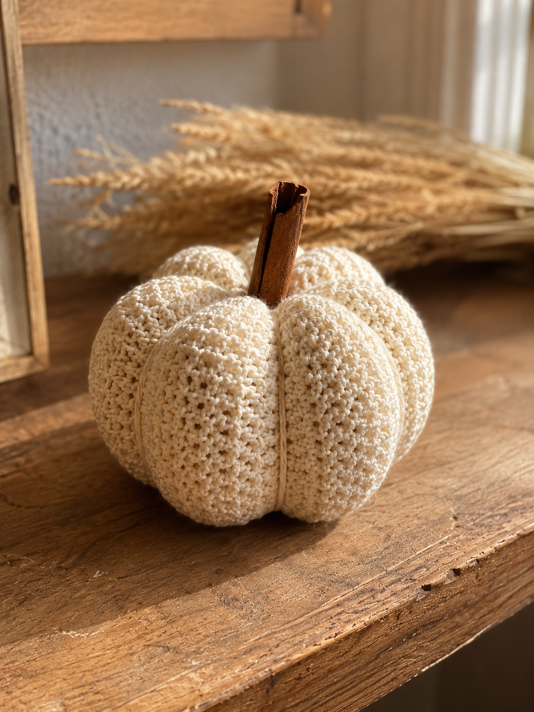 Chunky cream crochet pumpkin pattern with cinnamon stick stem on wooden shelf