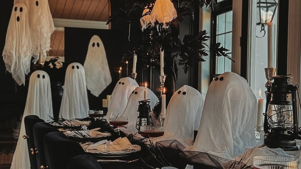 Cheesecloth ghosts seated around a black dining table under a web-draped chandelier for spooky season decor