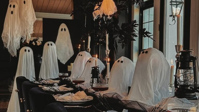 Cheesecloth ghosts seated around a black dining table under a web-draped chandelier for spooky season decor