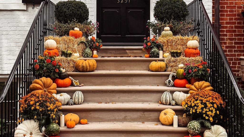 Orange pumpkins, mums, and lit candles piled down a brick front porch staircase with a black front door