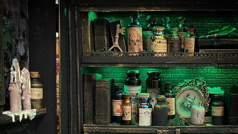 A gothic apothecary cabinet lit with green light, displaying a skull, poison-labeled bottles, and a framed antique portrait on dark wood shelves