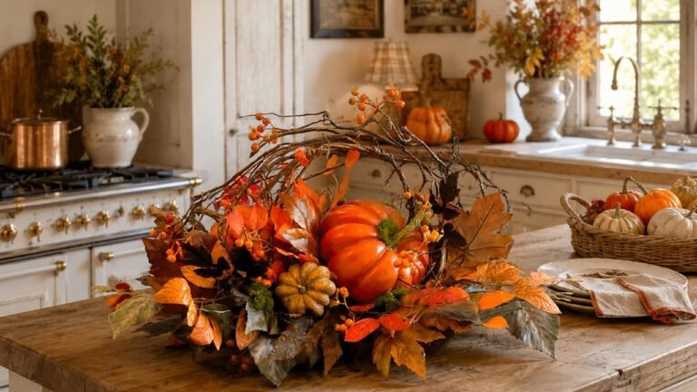 Orange pumpkin centerpiece with fall leaves and branches styled on a wood kitchen island for pumpkin table decor