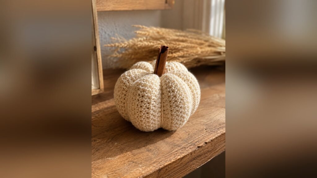 Chunky cream crochet pumpkin with cinnamon stick stem for fall decor
