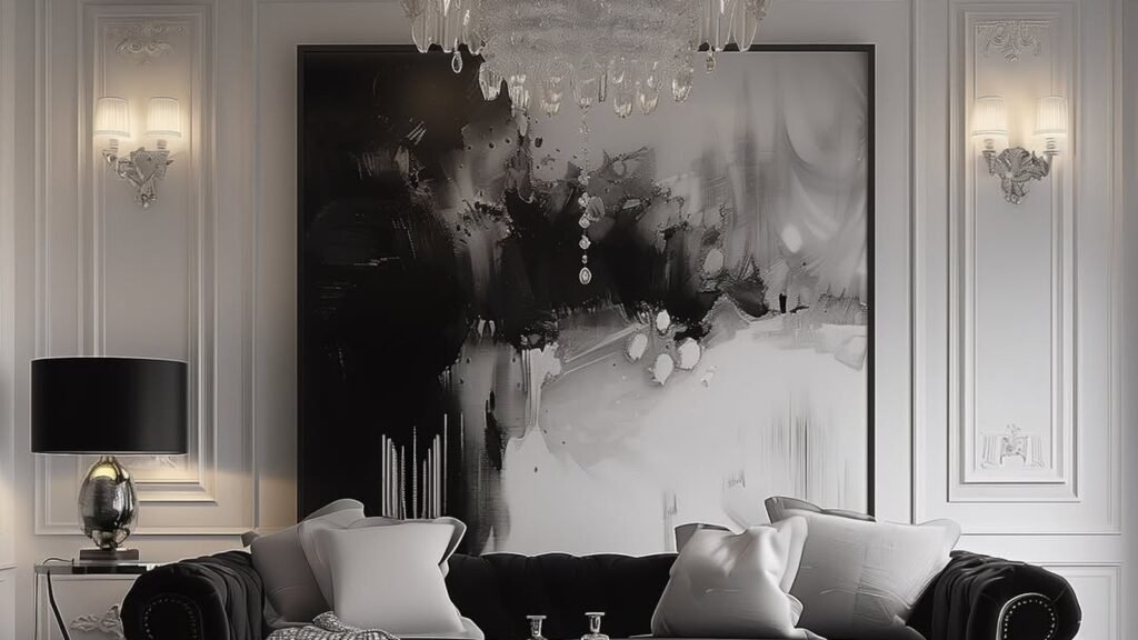 Black tufted Chesterfield sofa and matching black ottoman in a white paneled living room, with a large black-and-white abstract painting on the wall and a crystal chandelier overhead
