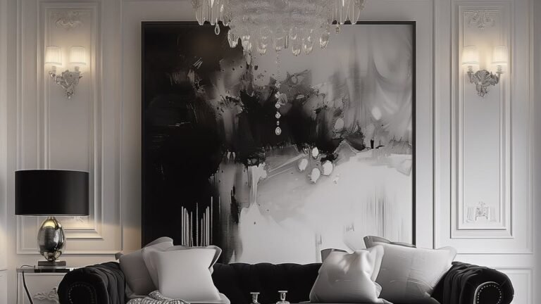 Black tufted Chesterfield sofa and matching black ottoman in a white paneled living room, with a large black-and-white abstract painting on the wall and a crystal chandelier overhead
