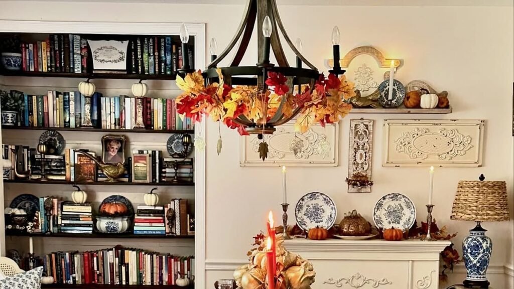 Wood and iron chandelier wrapped in an orange and red fall leaf garland above a Thanksgiving dining room mantel display