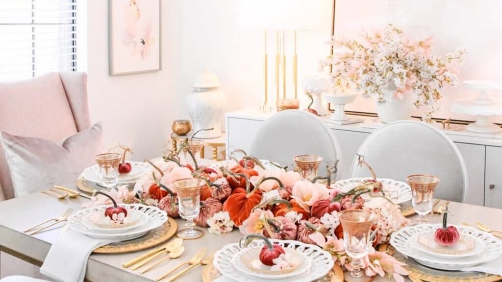 Modern gray dining table set with white lattice plates, gold flatware, and a velvet pumpkin centerpiece in blush and red tones