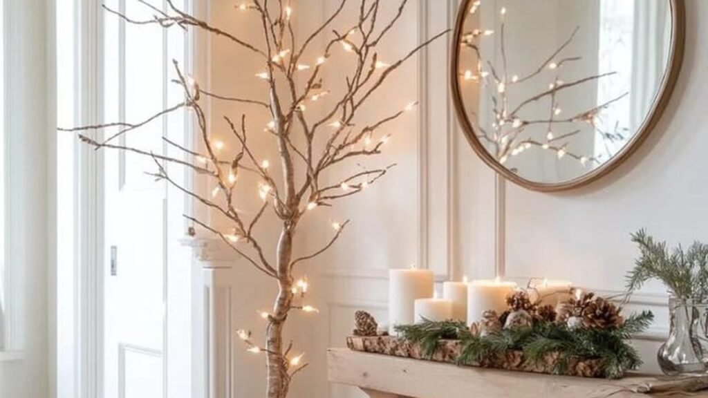 Lit bare branch tree with warm string lights beside a round mirror and a console styled with white pillar candles and pinecones, an after Christmas winter decor idea with no ornaments or red and green