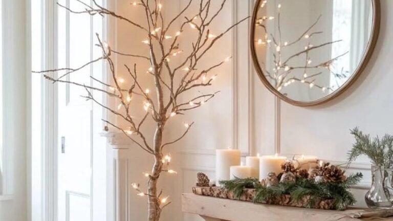 Lit bare branch tree with warm string lights beside a round mirror and a console styled with white pillar candles and pinecones, an after Christmas winter decor idea with no ornaments or red and green