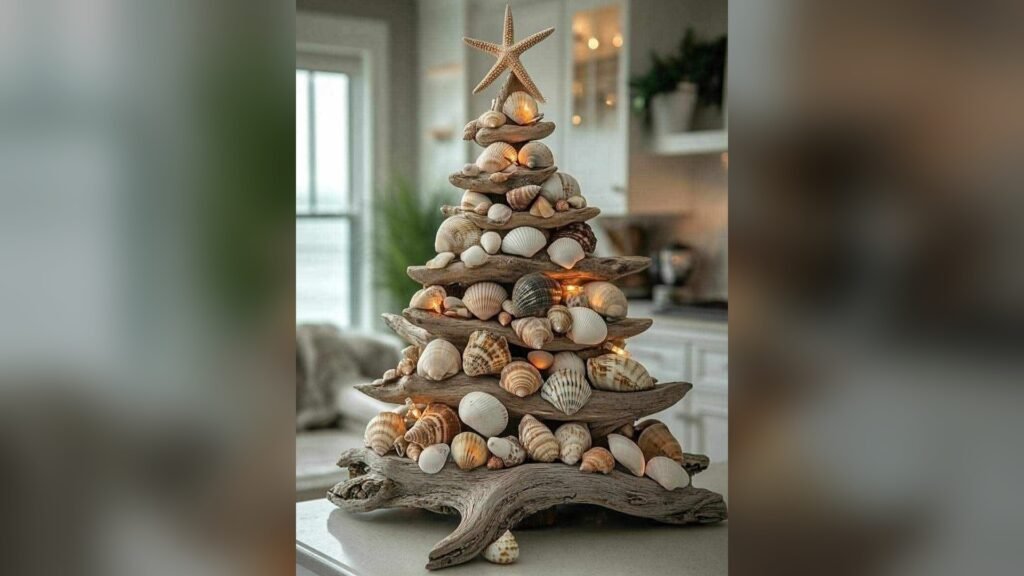 Tiered Christmas tree made entirely of driftwood branches and stacked seashells, topped with a starfish, glowing with warm fairy lights on a kitchen counter