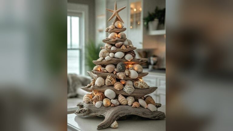 Tiered Christmas tree made entirely of driftwood branches and stacked seashells, topped with a starfish, glowing with warm fairy lights on a kitchen counter