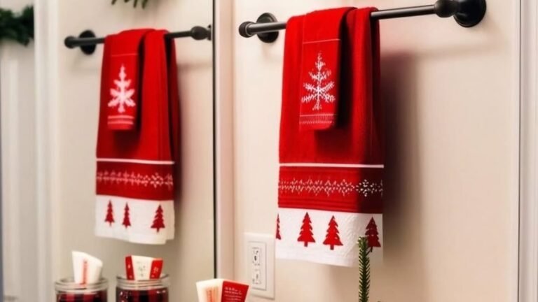 Red Christmas towel and fresh wreath hung above a bathroom sink for holiday decor