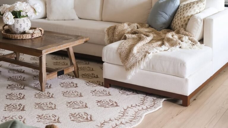 Cream rug with a scalloped edge and brown leaf block print under a white sectional sofa with a chaise and woven throw, beside a rustic wood coffee table with white flowers, in a bright living room with light wood floors.