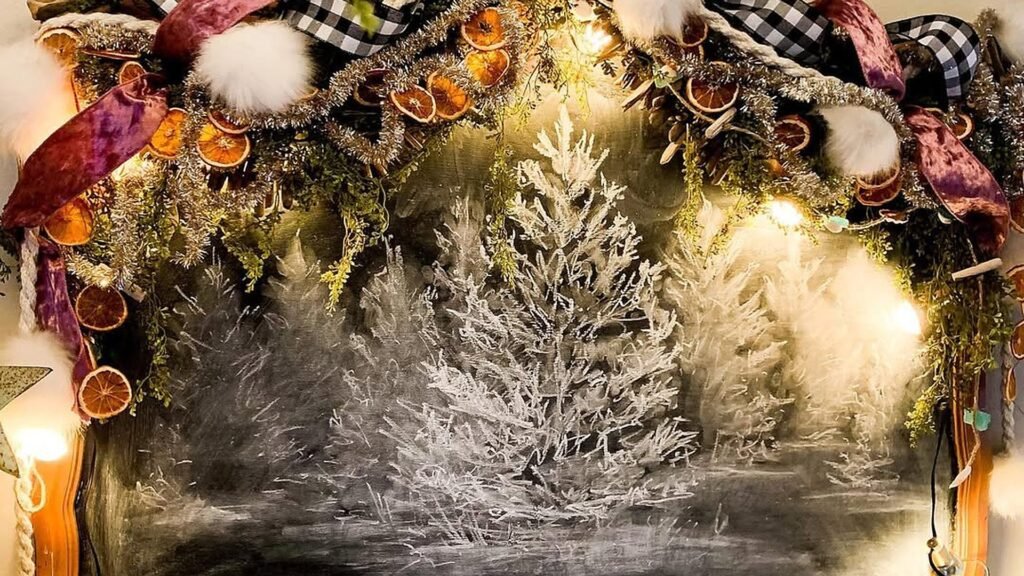 Christmas chalkboard with a white chalk drawing of a frosty pine tree in a snowy forest, topped with a garland of dried orange slices, purple velvet and black and white check ribbon, white pom poms, tinsel and glowing string lights.