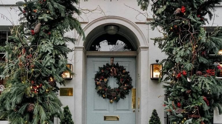 Light blue front door in an arched doorway with a round evergreen wreath of pinecones and dried orange slices, framed by thick pine and fir garlands with red berries, pinecones, and tiny white lights, and glowing lanterns on both sides.