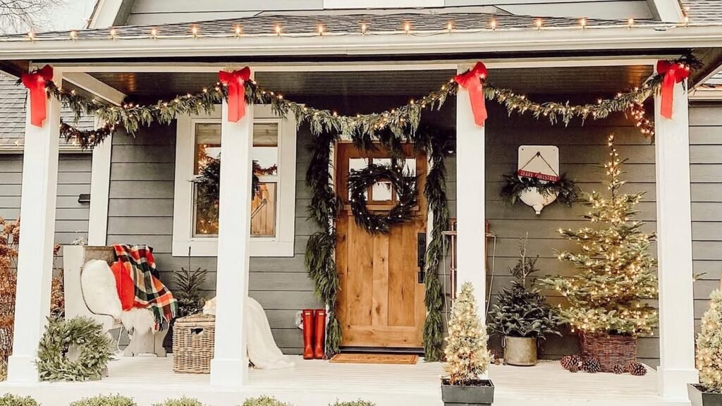 Christmas front porch with white columns tied with red bows, a lit evergreen garland swag, a black wreath on a natural wood door, and a glowing tree in a basket planter beside it.