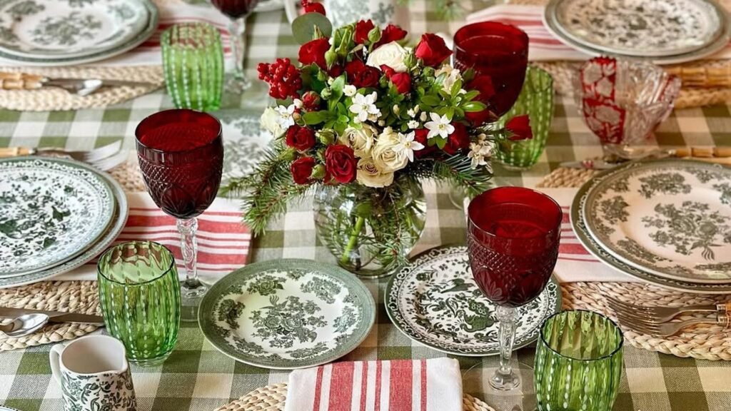 Green gingham tablecloth set with green and white transferware plates, ruby red goblets, green dotted glasses, red striped napkins, and a bouquet of red roses, white blooms, and pine sprigs in a glass vase.