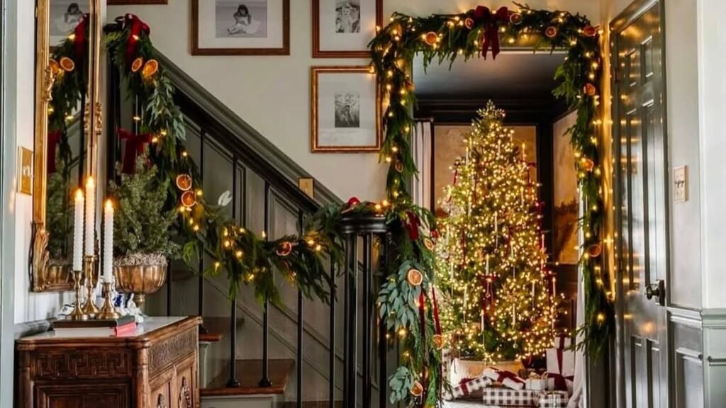 Christmas entryway with a lit evergreen garland dotted with dried orange slices and red velvet bows wrapped around a staircase railing and doorway frame, a glowing Christmas tree beyond, and white taper candles on a carved wood chest.