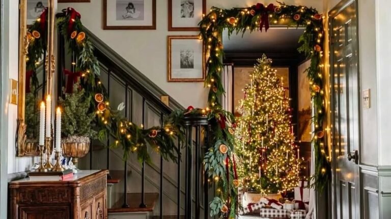 Christmas entryway with a lit evergreen garland dotted with dried orange slices and red velvet bows wrapped around a staircase railing and doorway frame, a glowing Christmas tree beyond, and white taper candles on a carved wood chest.