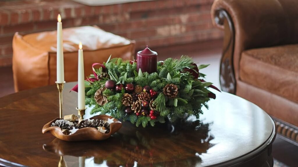 Low evergreen Christmas centerpiece with pinecones, red berries and burgundy ornaments around a burgundy pillar candle on a polished round wood table, next to two lit ivory taper candles in brass holders and a wooden bowl of pinecones.