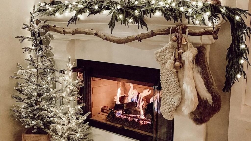 White fireplace mantel with a lit string-light pine garland, a driftwood branch, cream knit and faux fur stockings, a glowing log fire, and two small flocked trees in wooden crates.