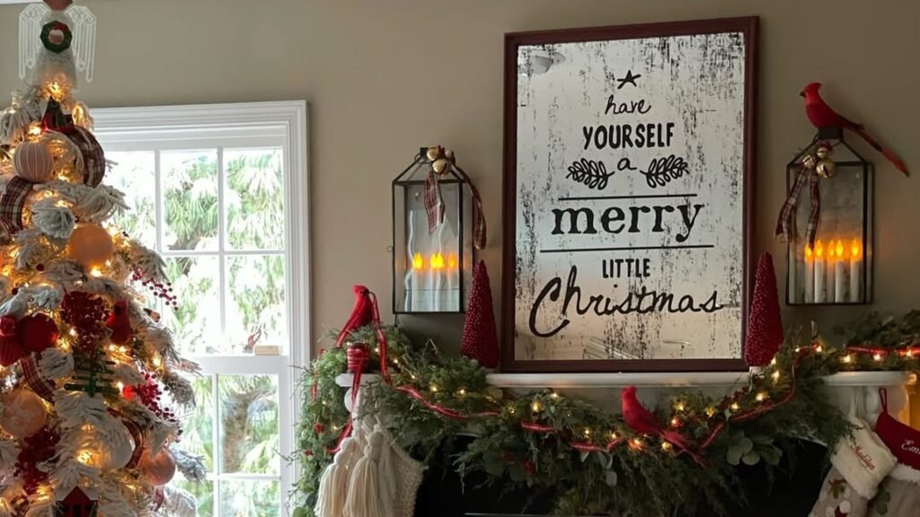 Christmas mantel with a green garland threaded with red ribbon and warm string lights, red cardinals perched on the garland and a lantern, and a large distressed “have yourself a merry little Christmas” sign hanging above, beside a flocked tree glowing with lights.