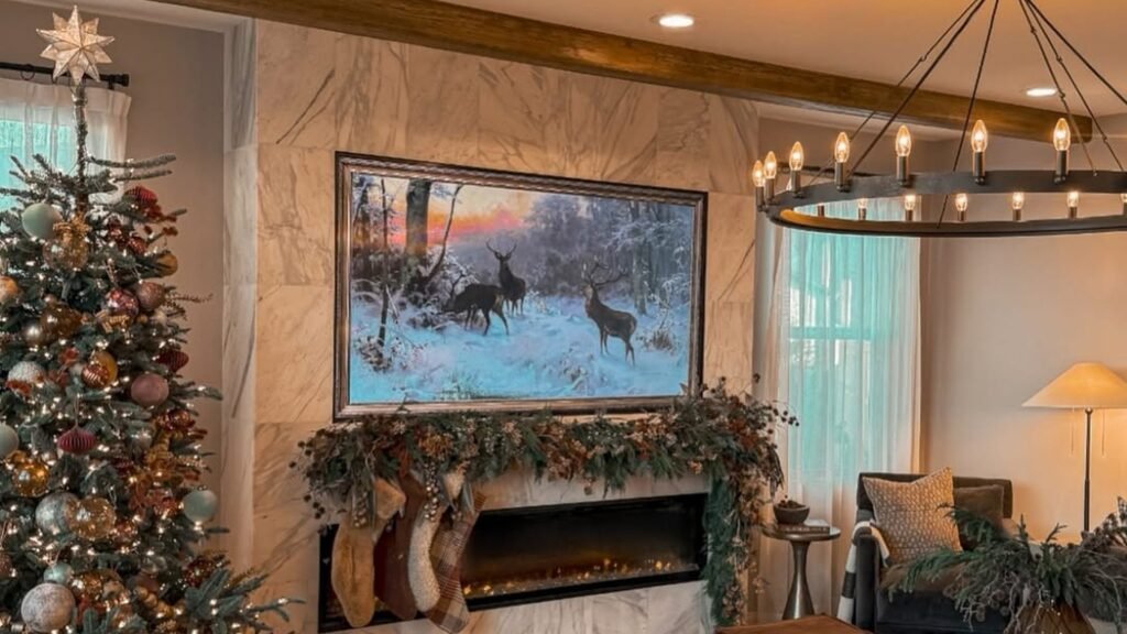 Marble fireplace wall with a framed snowy deer painting above a garland-draped mantel and hanging stockings, a lit Christmas tree with sage, copper and gold ornaments on the left, and a black ring chandelier overhead in a warm living room.