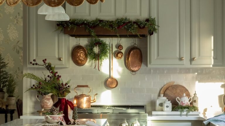 Sage green kitchen decorated for Christmas with a greenery garland and red velvet ribbon on a wooden shelf above the range, a small wreath hanging from a rack of copper pots, and a copper kettle glowing in soft sunlight.