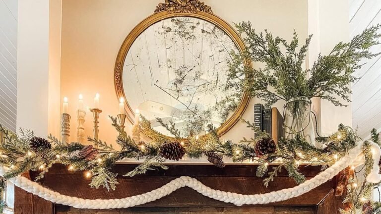 Dark wood fireplace mantel dressed for winter with a round gilt antique mirror, lit white candles, a pine garland with pinecones and warm string lights, and a thick white wool braid draped across the front.