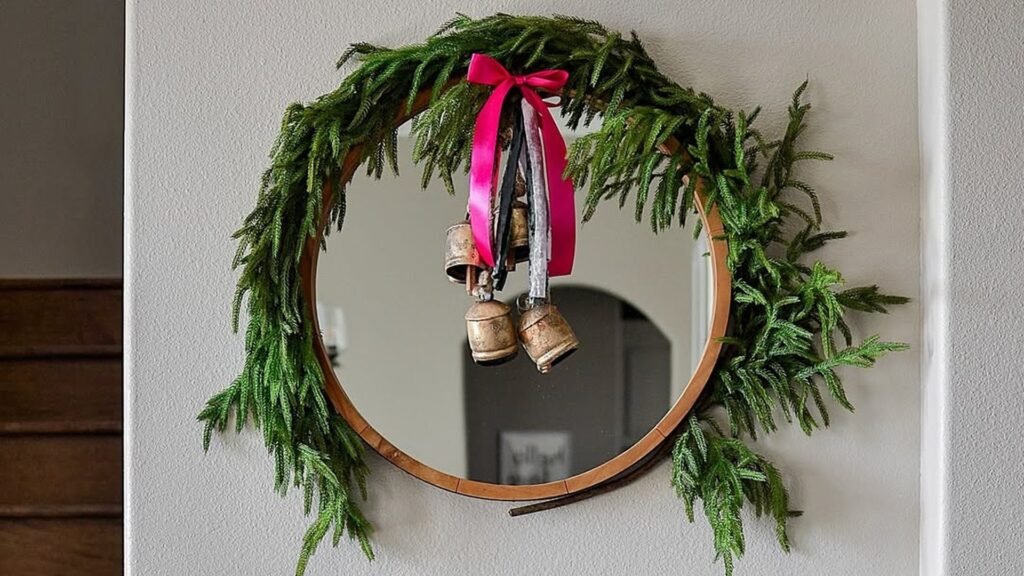 Round wood-framed mirror on a gray wall wrapped in a loose green evergreen garland, with a hot pink bow and a cluster of brass bells hanging in front of the glass, beside a wooden staircase.