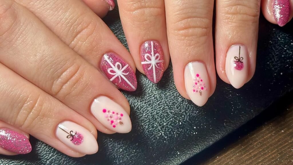 Almond nails in blush pink and hot pink glitter with white ribbon gift box designs, small pink bead Christmas trees, and hanging pink glitter ornaments, resting on a dark sparkly surface.