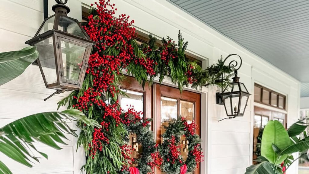 Christmas porch with double wood doors framed by a thick red berry and cedar garland and two matching berry wreaths