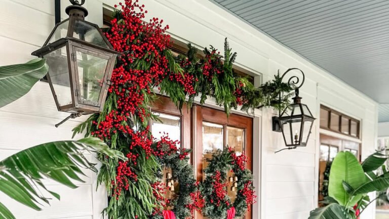 Christmas porch with double wood doors framed by a thick red berry and cedar garland and two matching berry wreaths