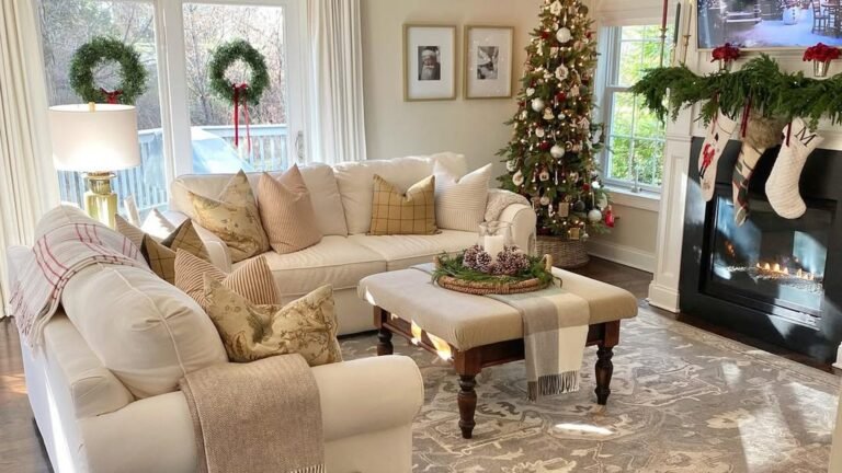 Cream sofas around an upholstered ottoman on a gray patterned rug in a Christmas living room, with two green wreaths tied with red ribbon bows in the windows, a lit tree in the corner, and stockings hanging over a fireplace.