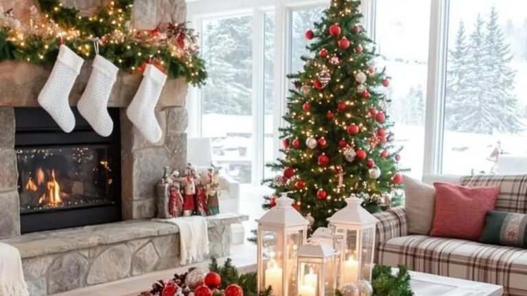 Cozy Christmas living room with a stone fireplace, three white knit stockings, a lit garland, a tall decorated tree with red and gold ornaments, white lanterns with glowing candles on a wooden coffee table, a plaid sofa, and snowy pine forest visible through tall windows