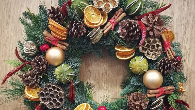 Round Christmas wreath on a light wood door made of fir branches, dried orange slices, cinnamon sticks, pinecones, lotus pods, dried limes and two gold ornament balls, with red chili peppers tucked between.