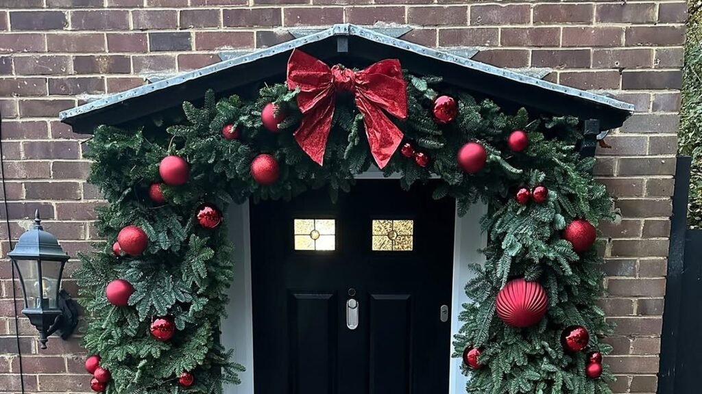 Black front door framed by a full evergreen Christmas garland dotted with red baubles, with a large red velvet bow at the top of the porch and a dark brick wall behind.