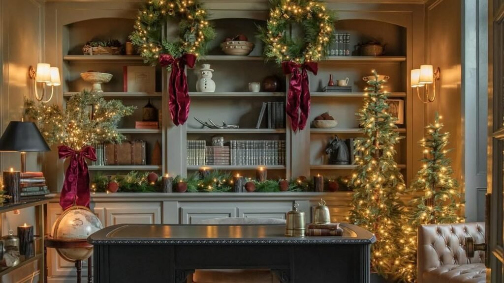 Home office decorated for Christmas with two lit evergreen wreaths tied with burgundy velvet bows on gray built-in shelves, two glowing pine trees beside a black carved wood desk, and warm wall sconces.