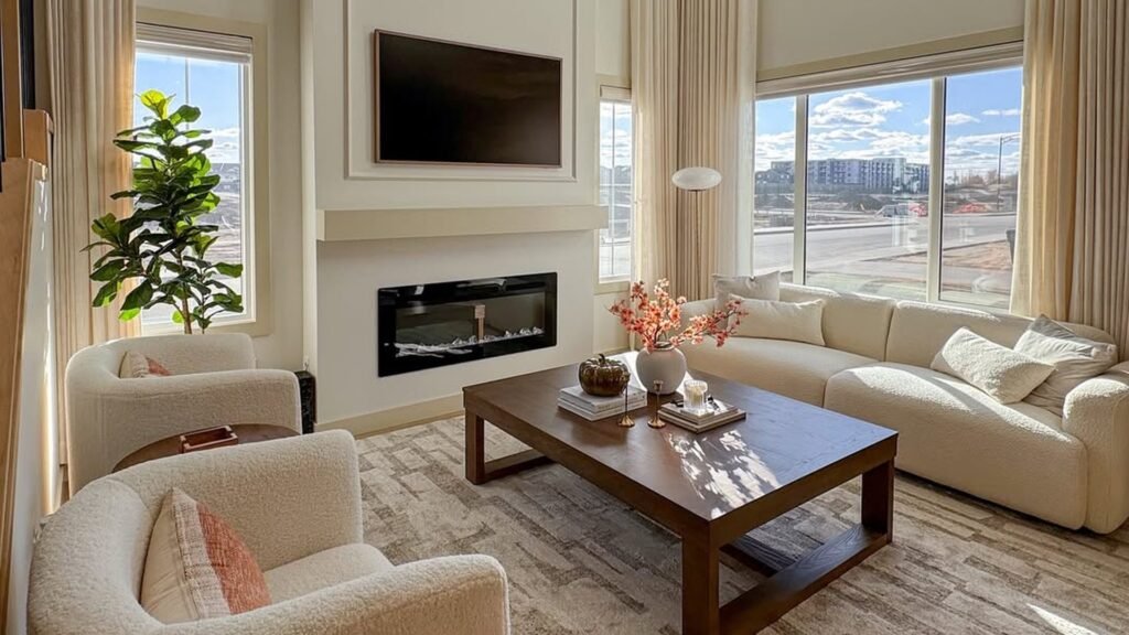 Sunlit white living room with a cream boucle sofa, two boucle armchairs, a dark wood coffee table, a fiddle leaf fig, and a linear fireplace beside a large window with blue sky.