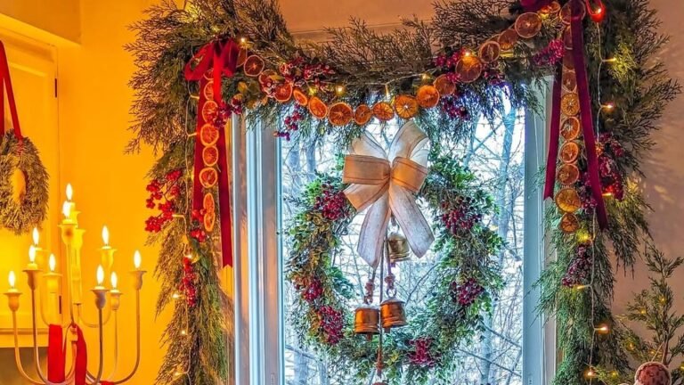 Kitchen window framed by a green garland of dried orange slices, red berries, and red velvet ribbons, with a round berry wreath, cream bow, and brass bells hanging in the window and a lit candelabra glowing at left.