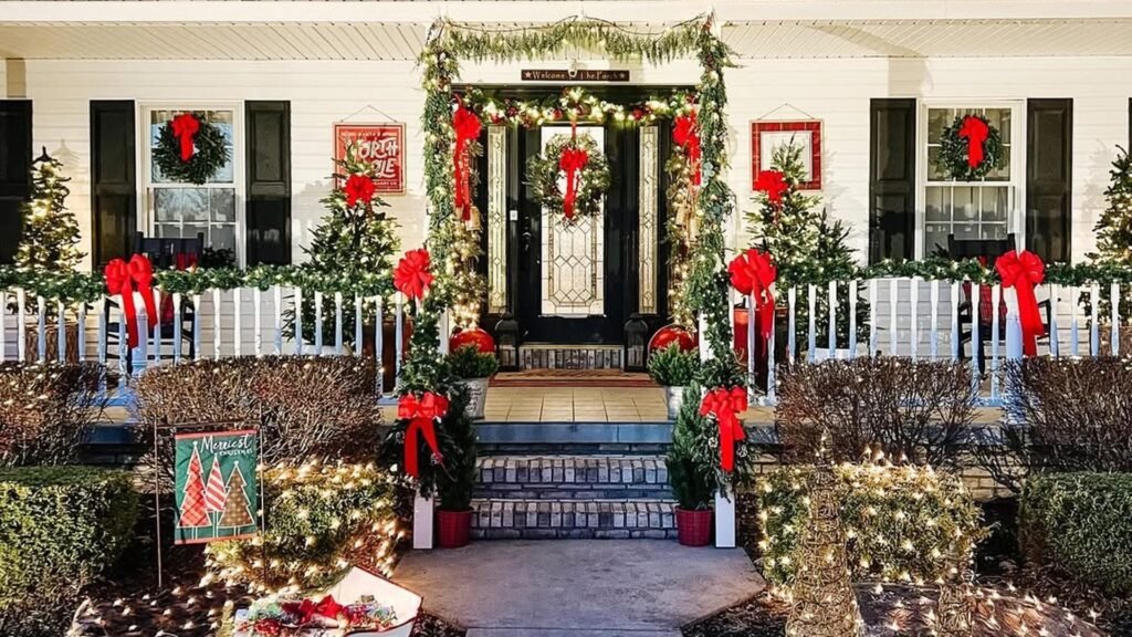 White house with black shutters and a black front door framed by green garland and red bows, with a ribboned wreath on the door, wreaths in the front windows, red bows along the porch railing, and warm white lights glowing on the shrubs.