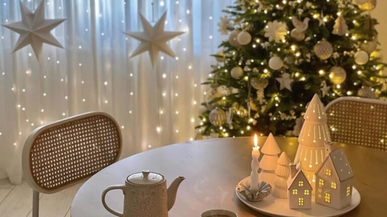Round wooden table with a stoneware teapot and a tray of glowing white ceramic houses and a lit candle, in front of a decorated Christmas tree and white paper stars hanging before a curtain of fairy lights.