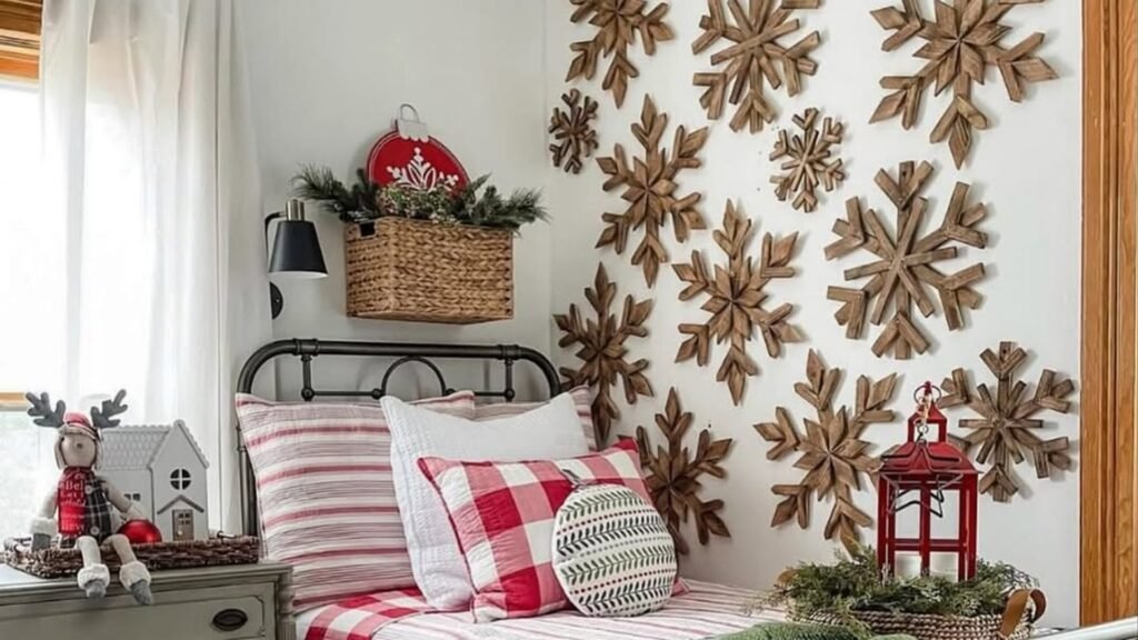 Twin iron bed with red striped and buffalo check bedding, a green knit throw, and a red lantern in front of a white wall covered in large wooden snowflakes for Christmas.